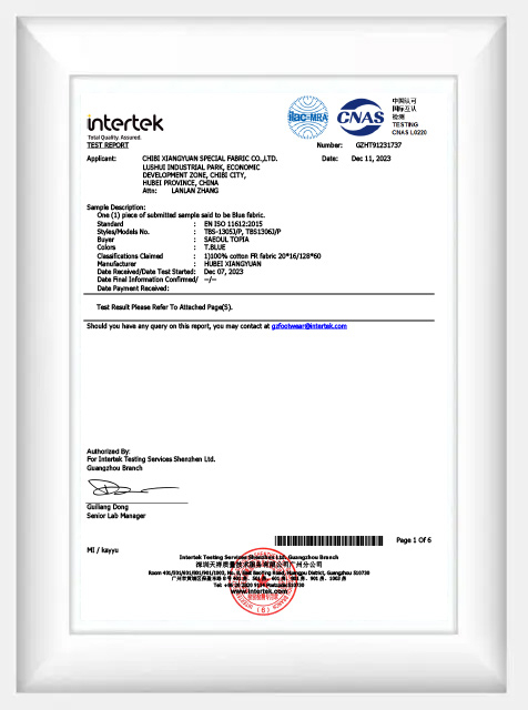 Fire resistant fabric testing certification
